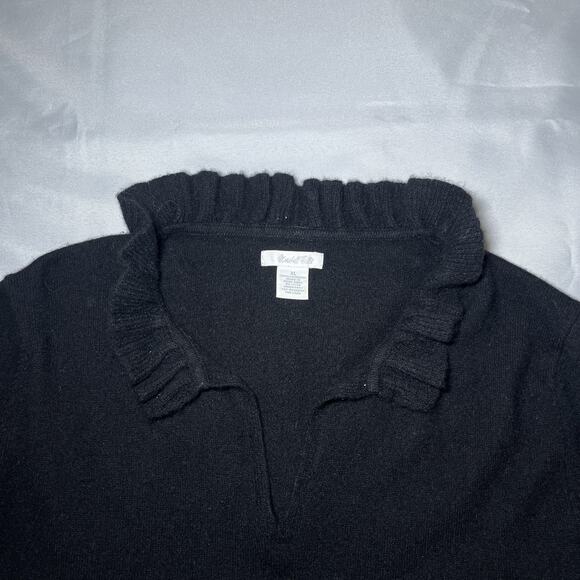 Marshall Fields Womens Cashmere Split Neck Sweater Size XL Black Ruffles *READ* - Picture 2 of 10